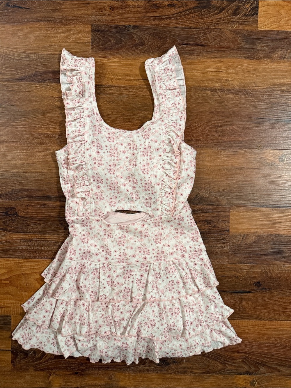 Floral Ruffle Tiered Mini Dress with Built in Shorts - Pink and White